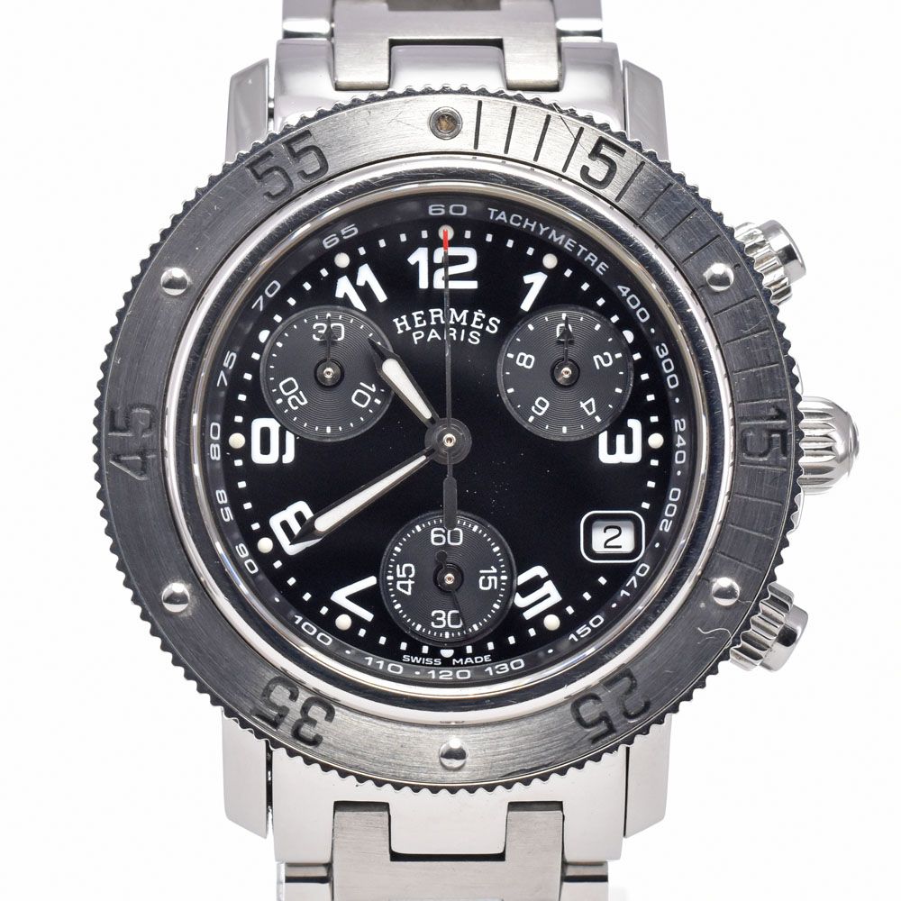 エルメス HERMES CL2.310 クリッパー ダイバー クロノグラフ デイト ブラック クォーツ レディース 良品 内箱・保証書付き 腕時計 G#149967