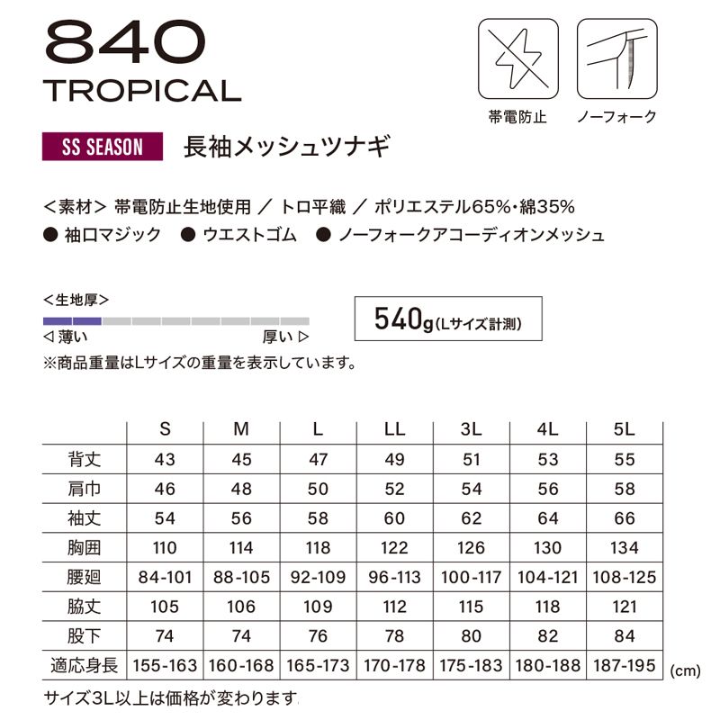 長袖メッシュツナギ 840 ネイビー S クレヒフク 作業着 整備士 メカニック ユニフォーム 制服 送料無料