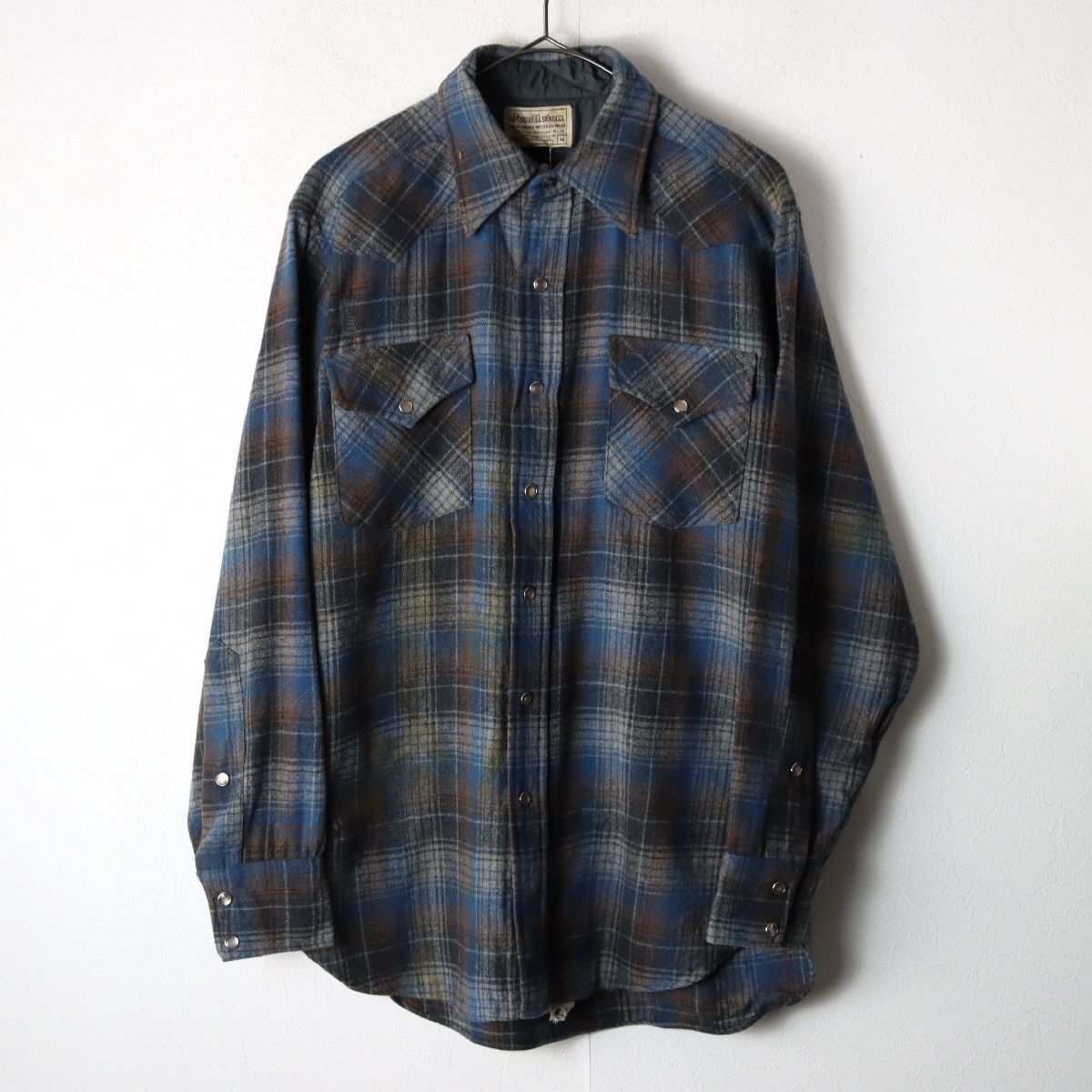 70's PENDLETON ペンドルトン ネルシャツ ウールシャツ オンブレ チェック ネイビー ブラウン M/ 古着 ヴィンテージ