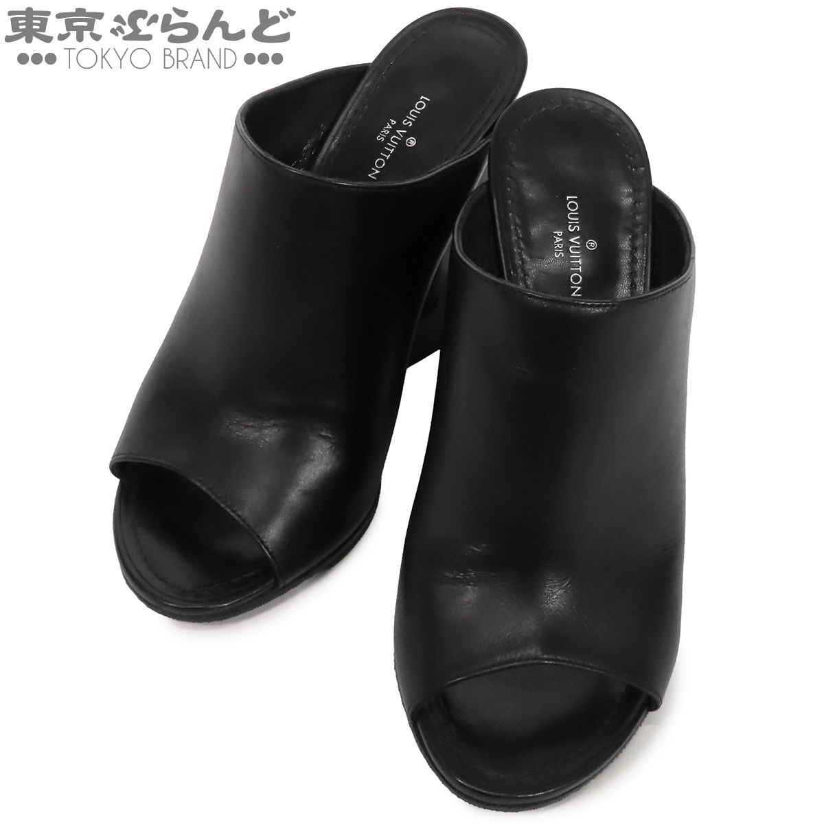 ルイヴィトン LOUIS VUITTON トップモスト ライン LVロゴ チャンキーヒール ブラック 黒 レザー オープントゥ ヒール サンダル 36 ミュール レディース 101893456