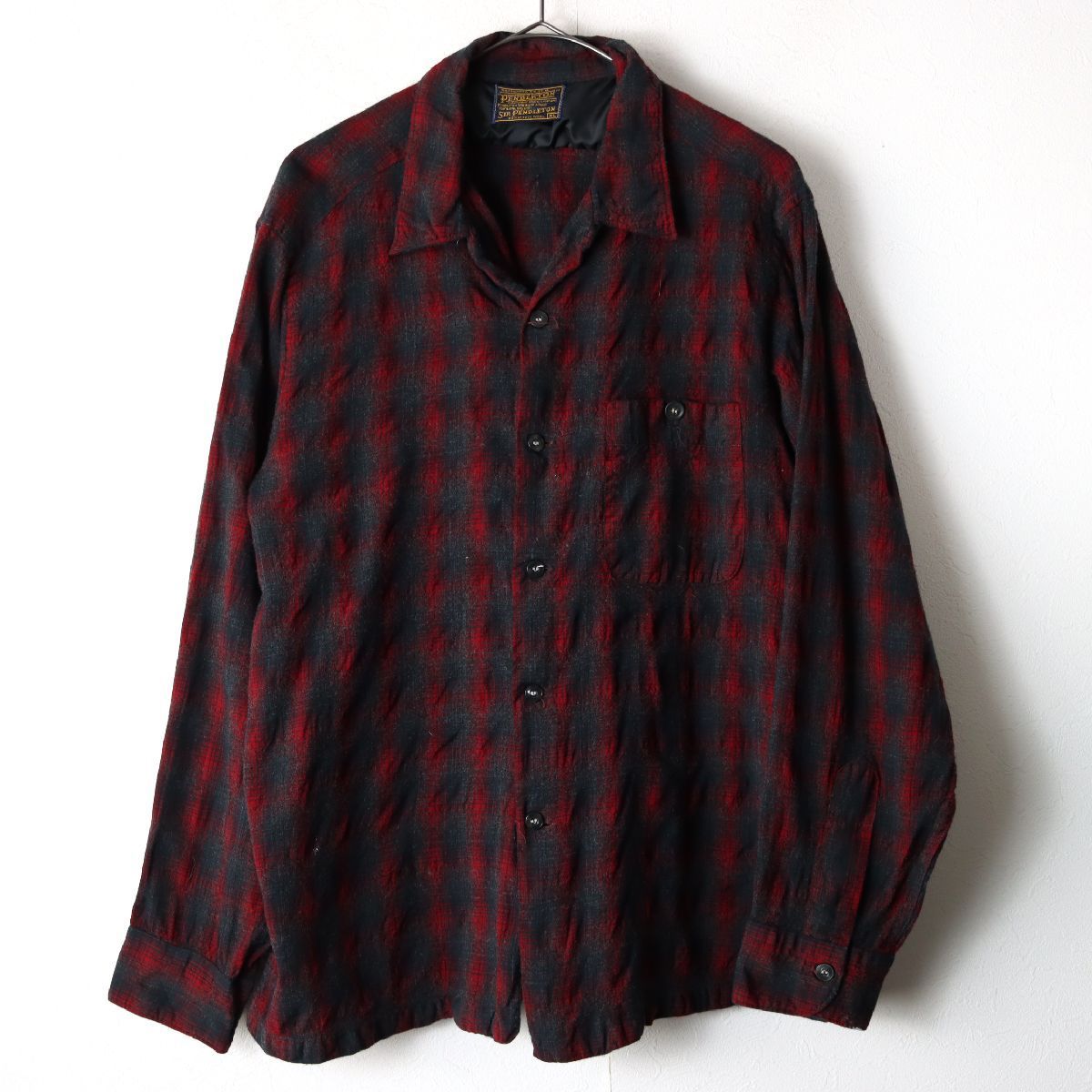 50's PENDLETON ペンドルトン 開襟シャツ ネルシャツ ウール オープンカラー オンブレ チェック レッド XL/ 古着 ヴィンテージ