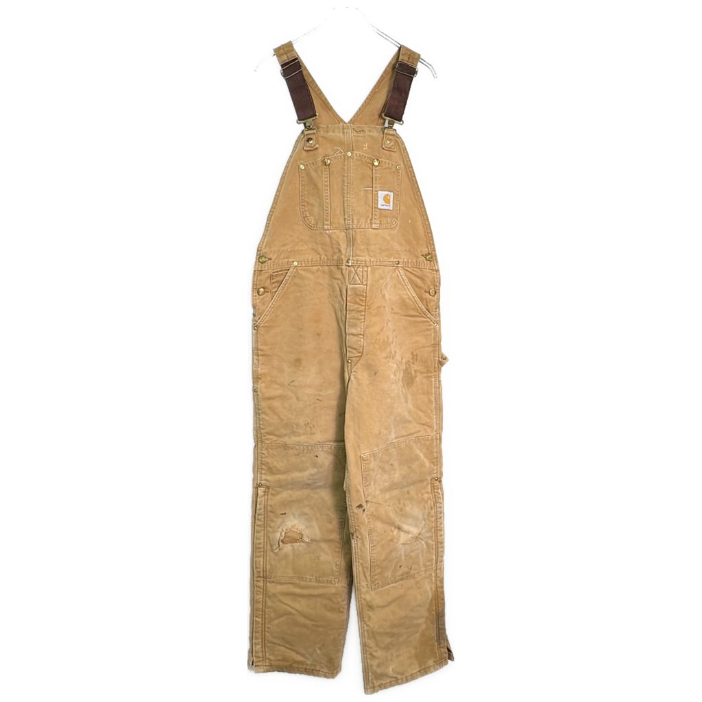 90年代 USA製 Carhartt カーハート ダック ダブルニー ビブオーバーオール ベージュ(メンズ W36 L32)中古 古着 Y9619