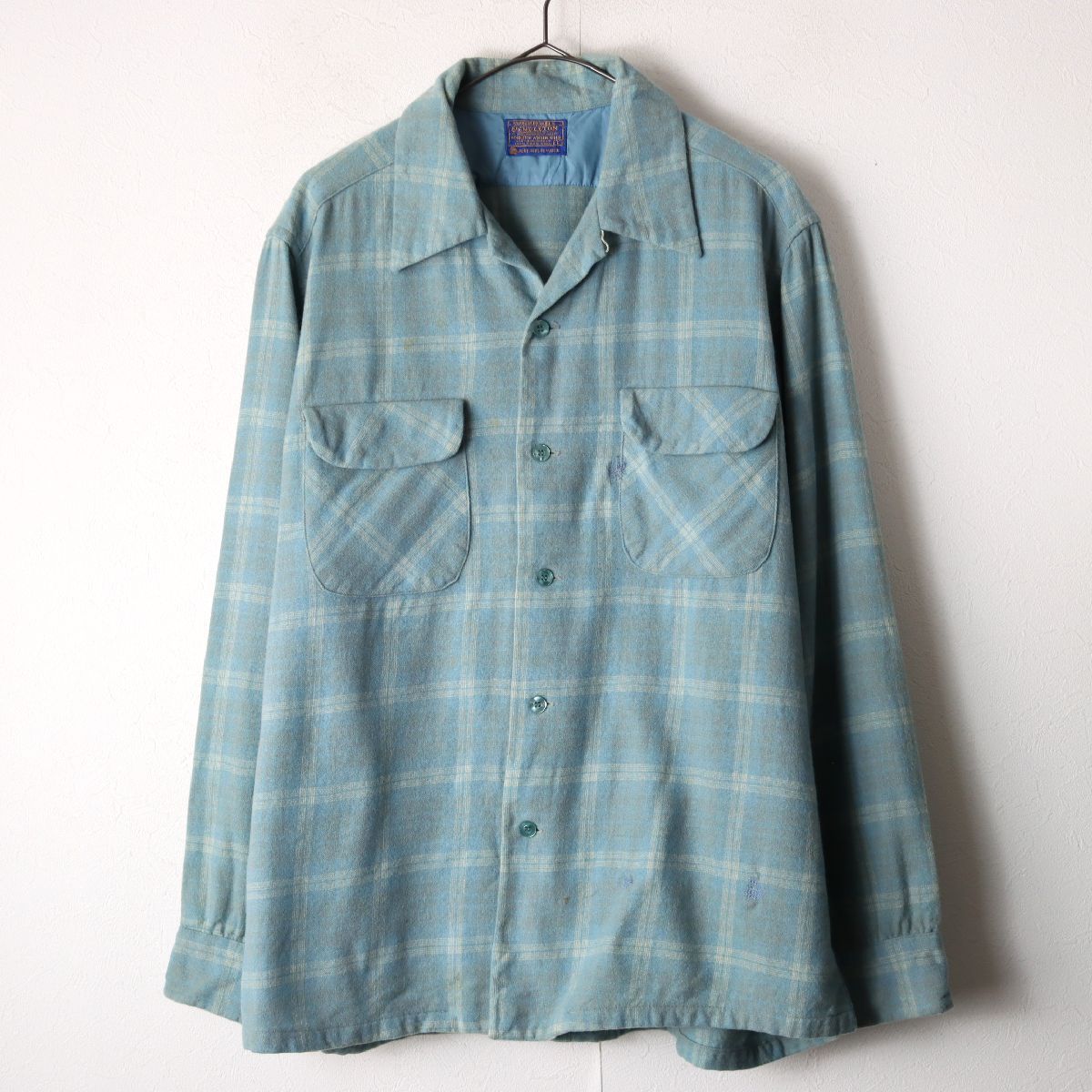 60's PENDLETON ペンドルトン 開襟シャツ ネルシャツ オープンカラー ウール オンブレ 水色 L/ 古着 ヴィンテージ