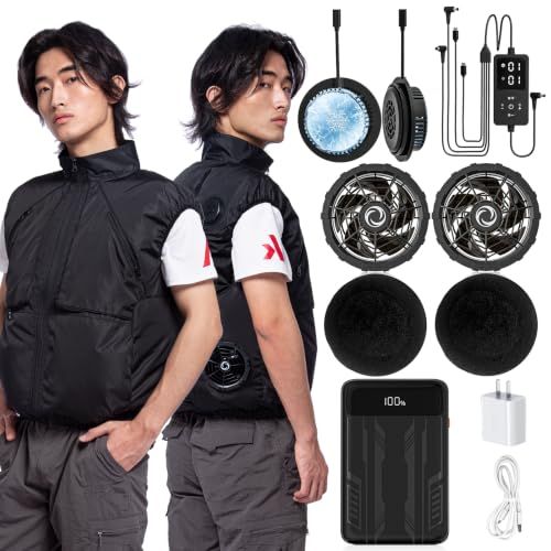 【新品】ファン付きベスト ペルチェ冷却服 【2冷却器2扇風機】 空調作業服 体感-25℃ ファンバッテリーセット 5段階風量冷感調整/Type-C急速充電/UPF50+/20000mAh大容量 PSE認証 FA-ICE-12F 757110e2