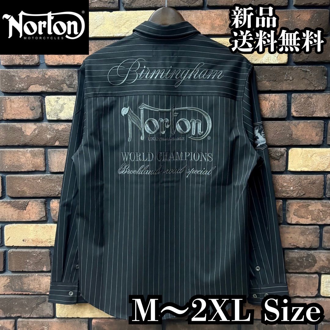 【Norton/ノートン】ピンストライプ長袖シャツ 263N1502 ブラック 刺繍 ロゴ バイク バイカー ツーリング アメカジ カジュアル シンプル ユニセックス 新品 未使用 送料無料