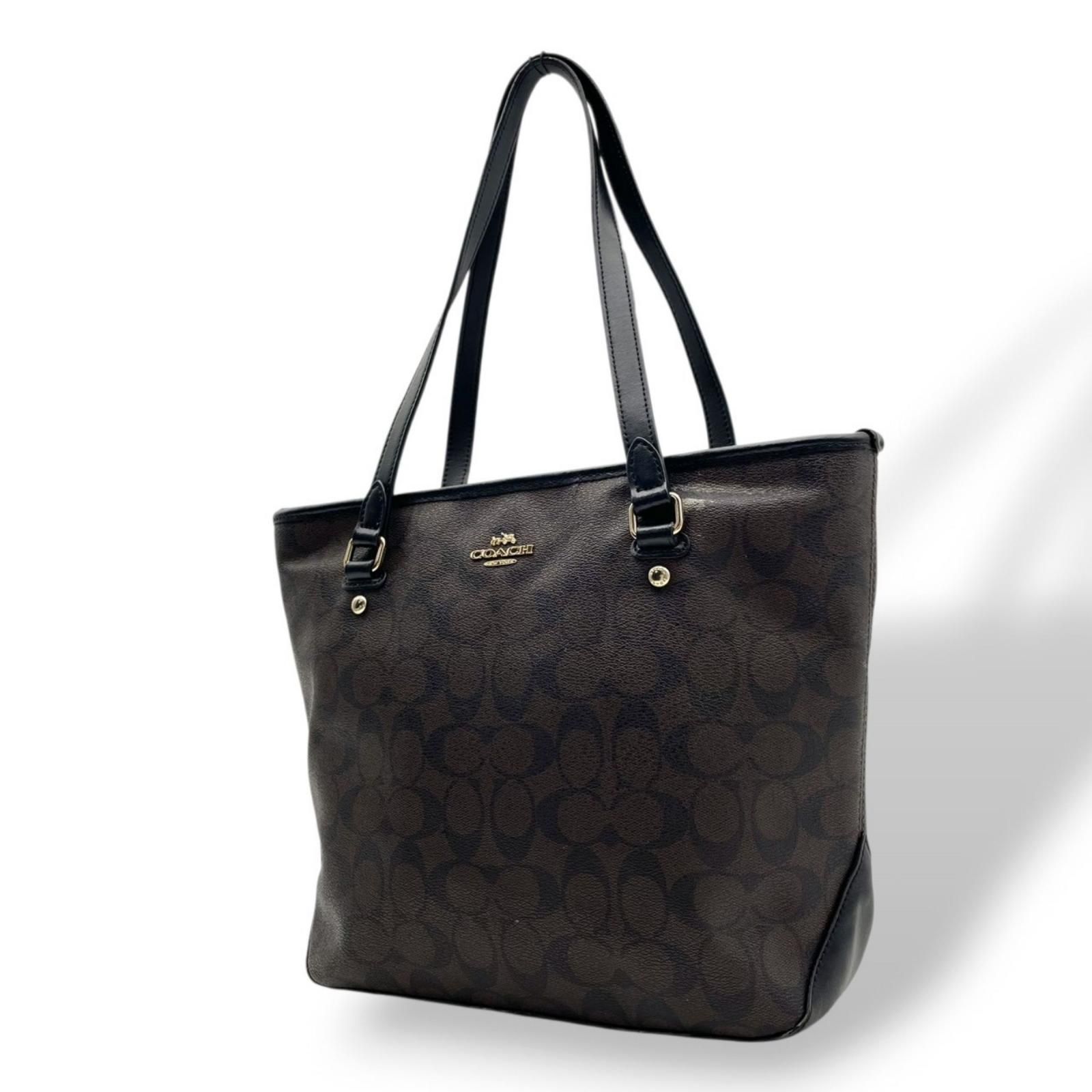 COACH コーチ トートバッグ ラグジュアリー シグネチャー F58294 ブラウン 黒 PVC レザー ゴールド金具 ファスナー開閉 肩掛け A4収納 大容量 通勤 通学 レディース エレガント シンプル 上品 定番 S86