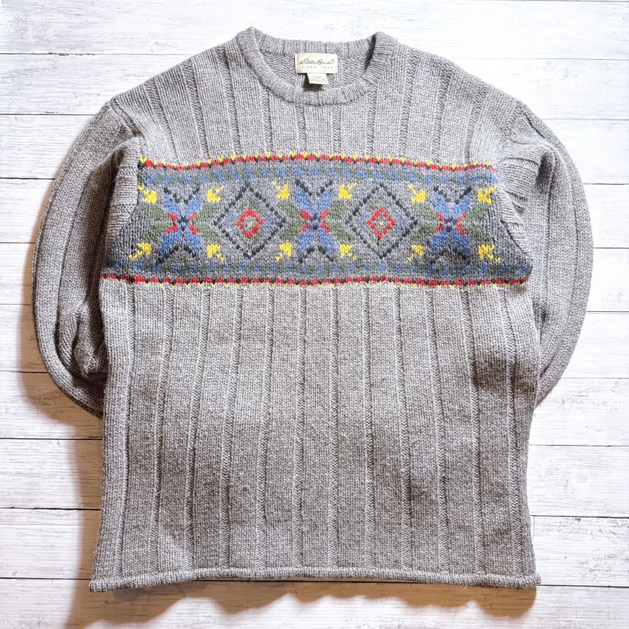 【上質ウール】EDDIE BAUER WOOL SWEATER エディーバウアー グレー 灰色 総柄 ノルディック柄 クルーネック ウールセーター 100%ウール ラムウール メンズ 古着 ヴィンテージ #Q7319
