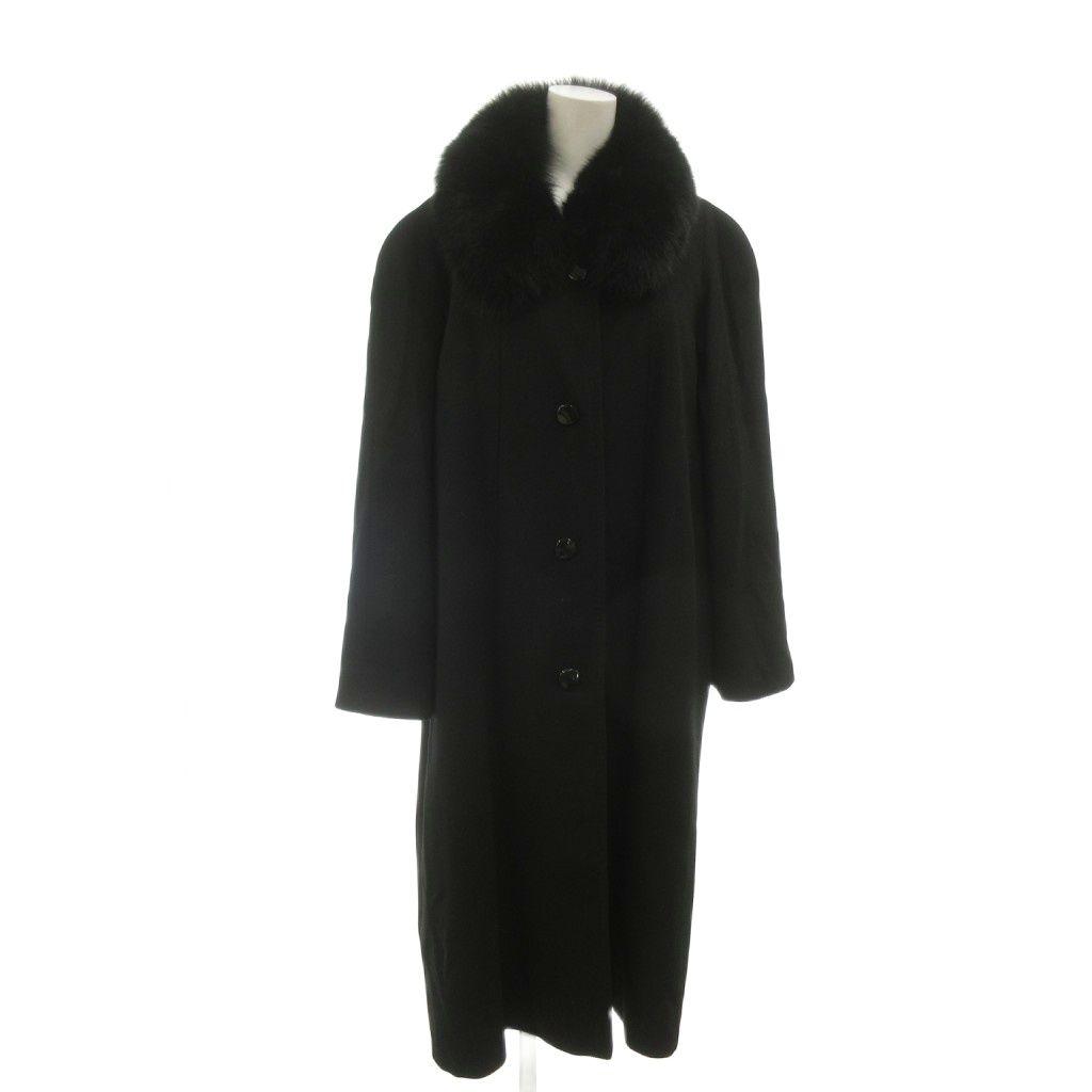 里麻 美品 ステンカラーコート ファー襟 ボタン留め 総裏地 肩パット入り カシミヤ 11 黒 ブラック /MX ■ECG008