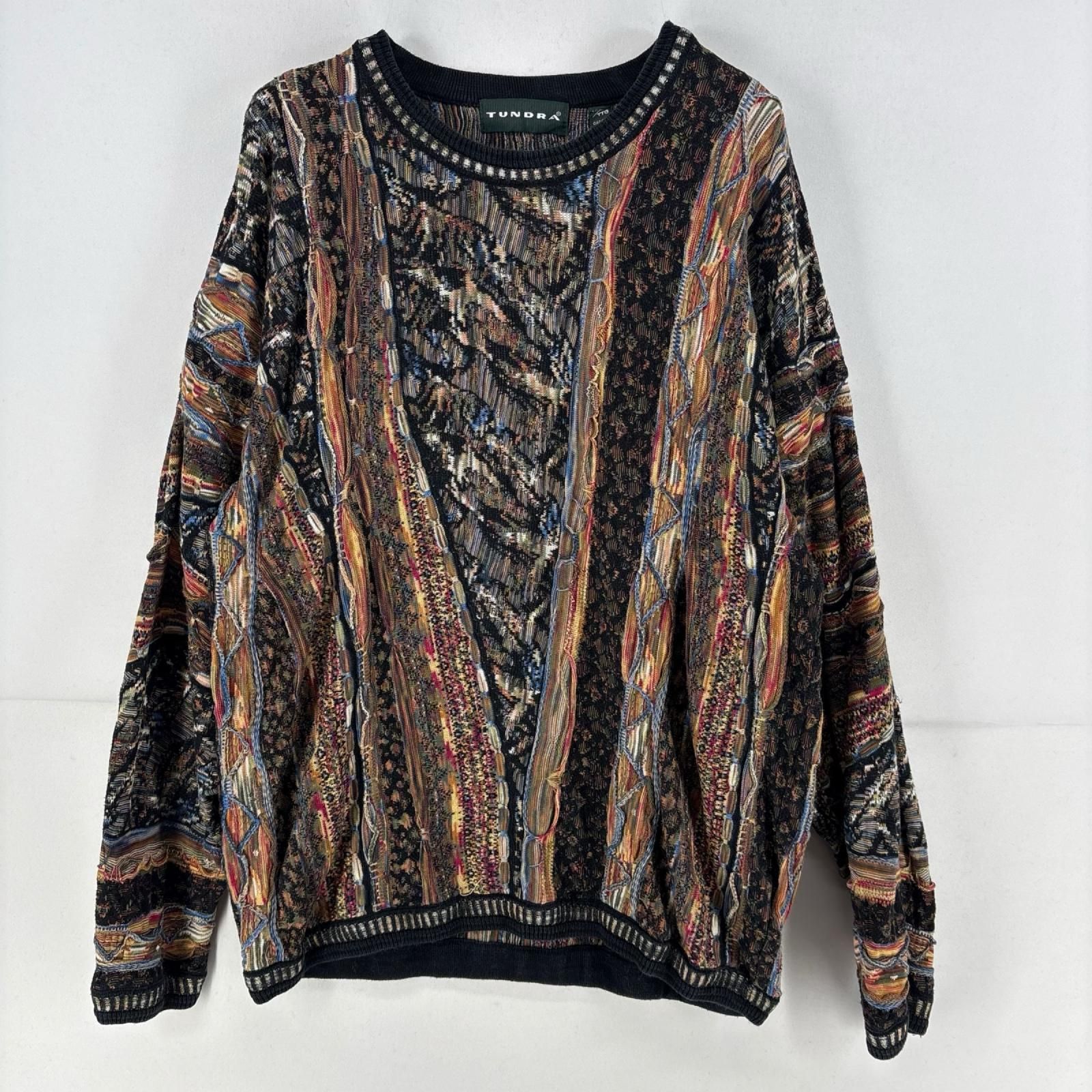 古着 90's/90年代 タンドラ TUNDRA ニット プルオーバー クルーネック 3Dニット セーター 総柄 2XL ブラウン系 メンズ