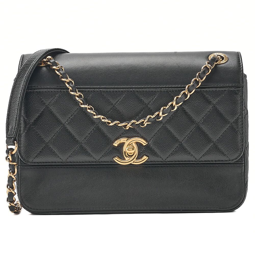 CHANEL シャネル 　チェーンショルダーバッグ　マトラッセ　シングルフラップ　カーフスキン×キャビア型押しエナメルレザー 　黒 ゴールド金具 　レディース【中古】【送料無料】