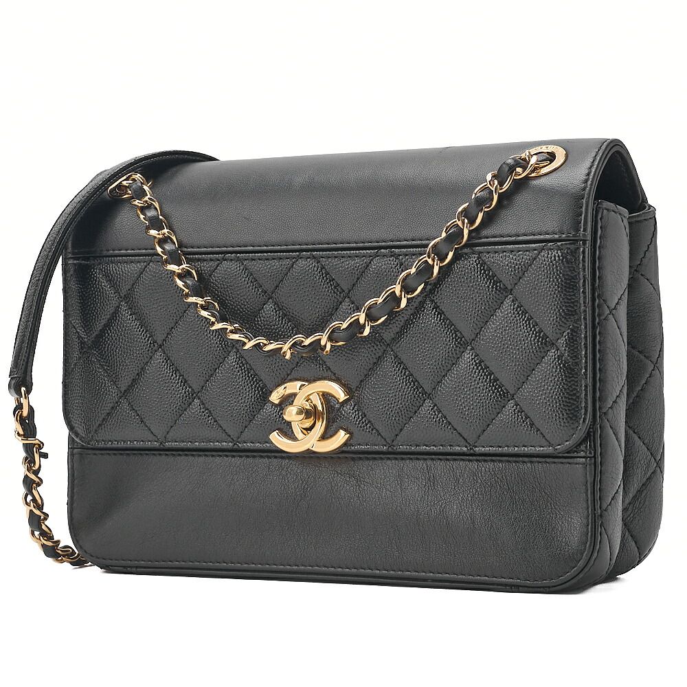 CHANEL シャネル 　チェーンショルダーバッグ　マトラッセ　シングルフラップ　カーフスキン×キャビア型押しエナメルレザー 　黒 ゴールド金具 　レディース【中古】【送料無料】