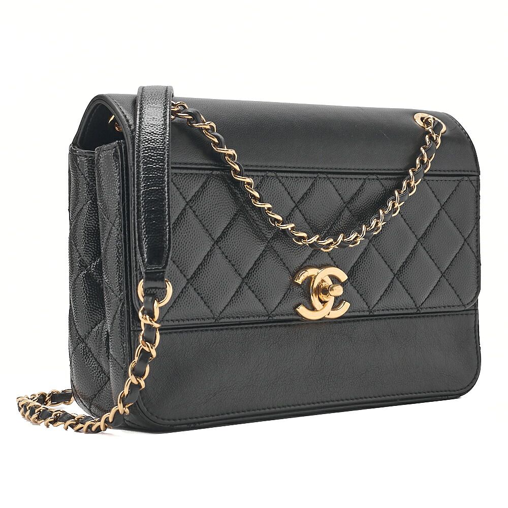 CHANEL シャネル 　チェーンショルダーバッグ　マトラッセ　シングルフラップ　カーフスキン×キャビア型押しエナメルレザー 　黒 ゴールド金具 　レディース【中古】【送料無料】