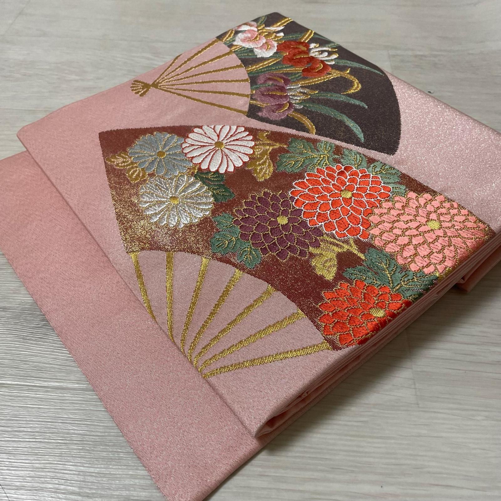 名古屋帯 唐織 扇に花模様 九寸 正絹 着物 X-8434