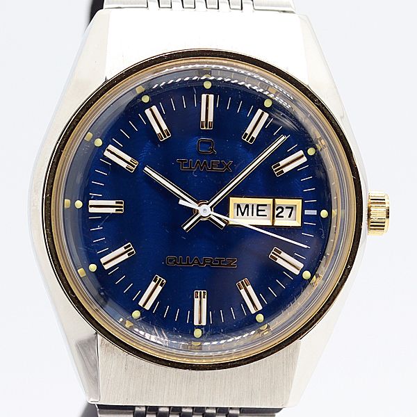 良品 稼動 タイメックス デイデイト TW2T80800 75 QZ ブルー文字盤 デイデイト メンズ腕時計 8948000 8TLT TAM ABC29998