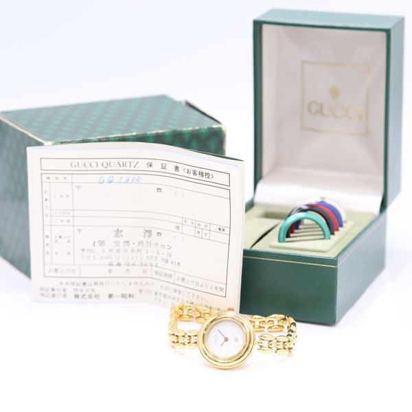 箱/保/替ベゼル付 グッチ 11/12 QZ バングルウォッチ チェンベゼル ホワイト文字盤 レディース腕時計 5531400 7DIT NGC ABC30202