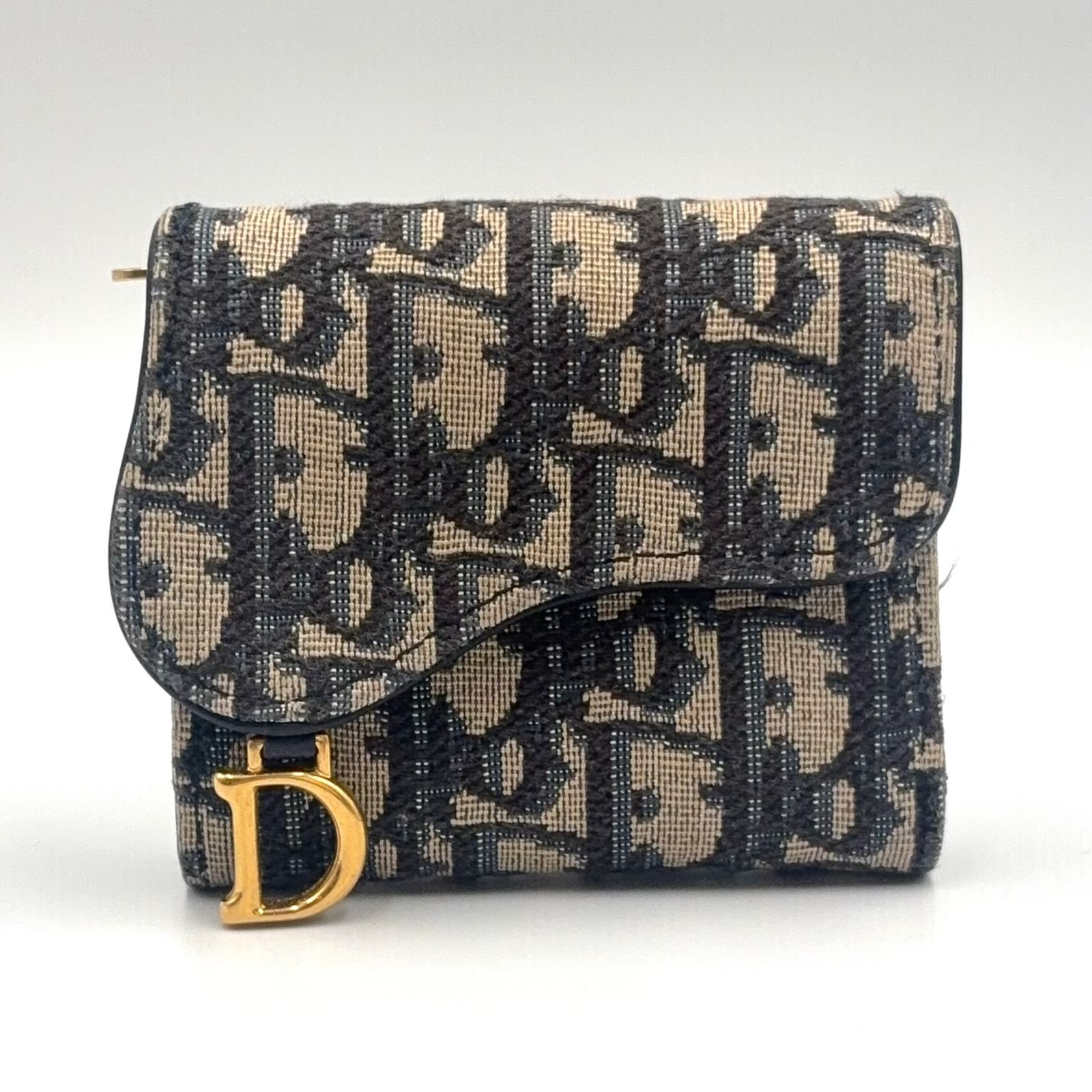 【新着】Christian Dior サドルロータス レザー キャンバス ネイビー ベージュ 三つ折り財布 ゴールド