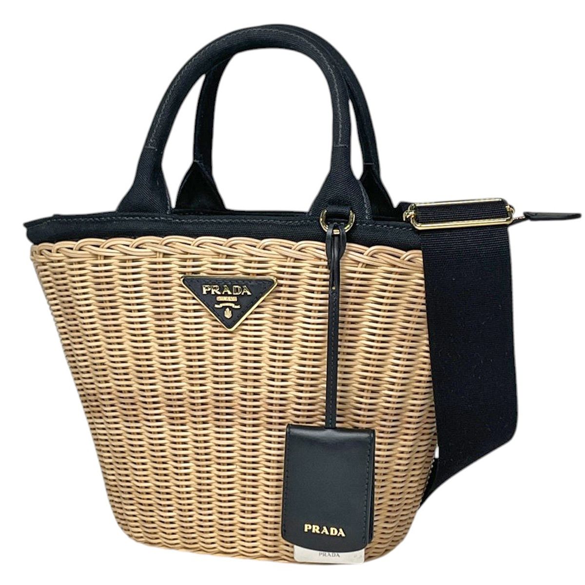 プラダ PRADA ハンドバッグ ウィッカー カゴバッグ 2WAY ラタン ベージュ ネロ(ブラック) 1BG172 レディース 【中古】