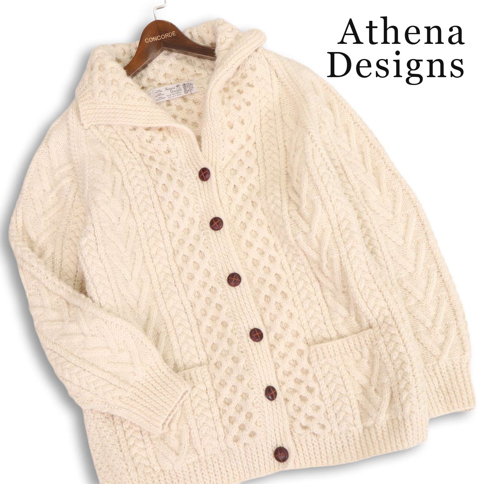 Athena Designs アテナデザイン 秋冬★ ウール アラン編み フィッシャーマン ニット カーディガン Sz.F レディース