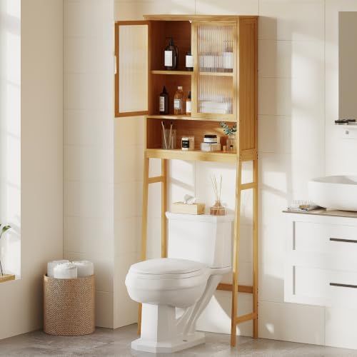 『大特価』 竹製 扉付き トイレ収納棚 高さ調節可 トイレ上収納キャビネット 可動棚 ダブル扉 BAMBANG アクリル扉 省スペース(自然な)