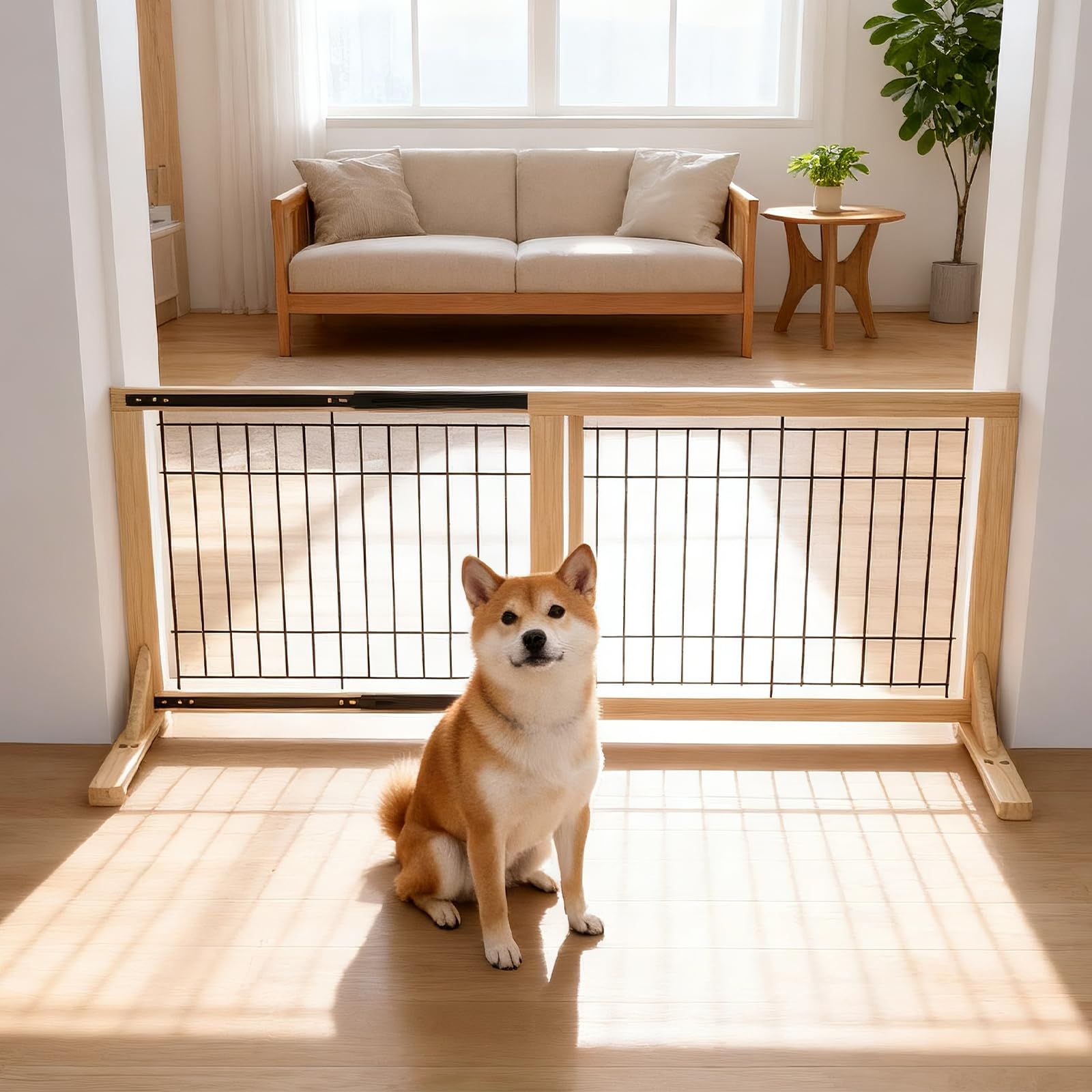 特別価格　スムーズ 小型犬用 ガイドレール付き 脱走防止 飛び出し防止柵 室内 柵 置くだけ ベットフェンス 木製 伸縮幅約85～155cm 高さ60CM 犬 ペットゲート Oapety