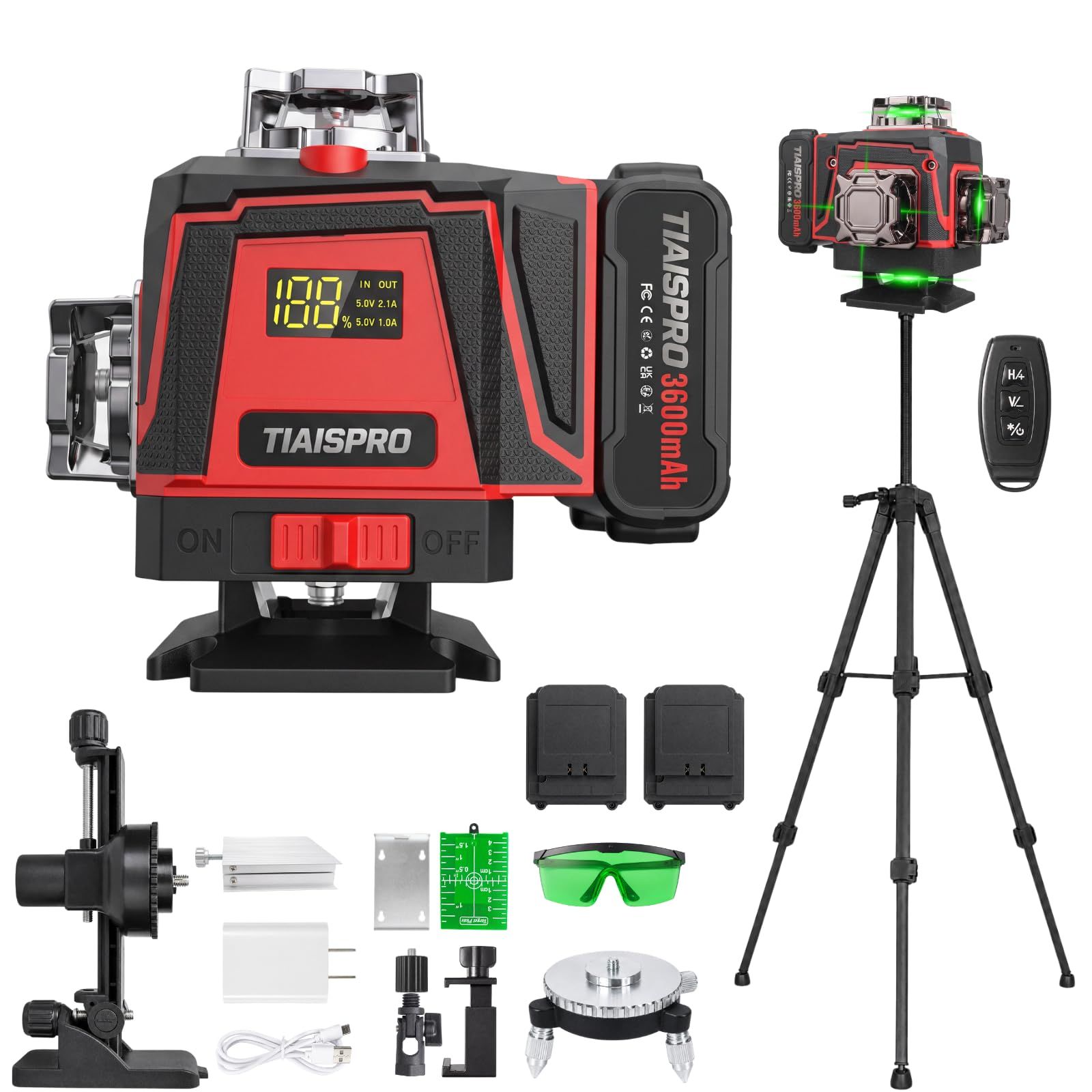 ☆新品☆レーザー墨出し器 4×360° 16ライン グリーンレーザー 3600mAh電池2個 Type-C充電 三脚付き 内装・DIY e7662862