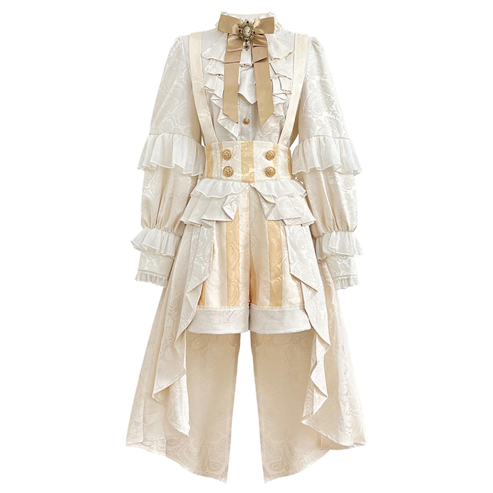 [ボズとガルヤ] Lolita制服 学園風 サロペット シャツ 王子様ロリィタ 貴族風 ロペットパンツ えんびふく 洋服 中世紀 アニメ お茶会 お嬢様 リボンネクタイ ゴールド 可愛い ヨーロッパ風 コスプレ (イエロー, M)