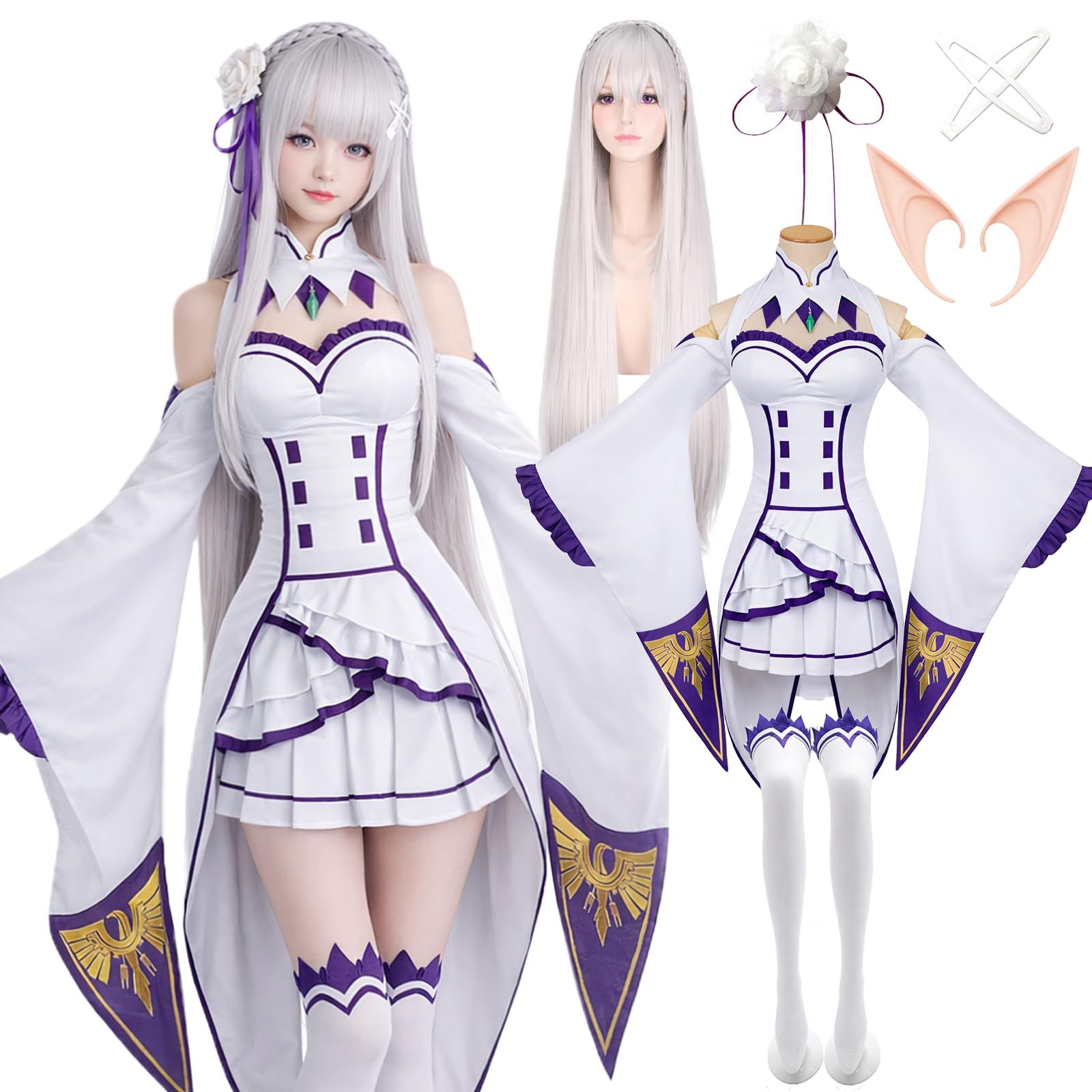 [milky time] ウィッグ付き リゼロ エミリア Re:ゼロから始める異世界生活 コスプレ ハロウィン メイド エルフ (M)