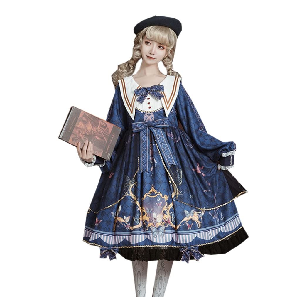 [トクとユウ] ロリータワンピース 長袖 洋服 コスプレ ガールズ Lolita ロリータ服 ゴシック リボン レース刺繍 ゴスロリ ファション お嬢様 超キュート イベント 宮廷風 蝶 姫系 大きいサイズ お人形 パーティー (ネイビー, 2XL)