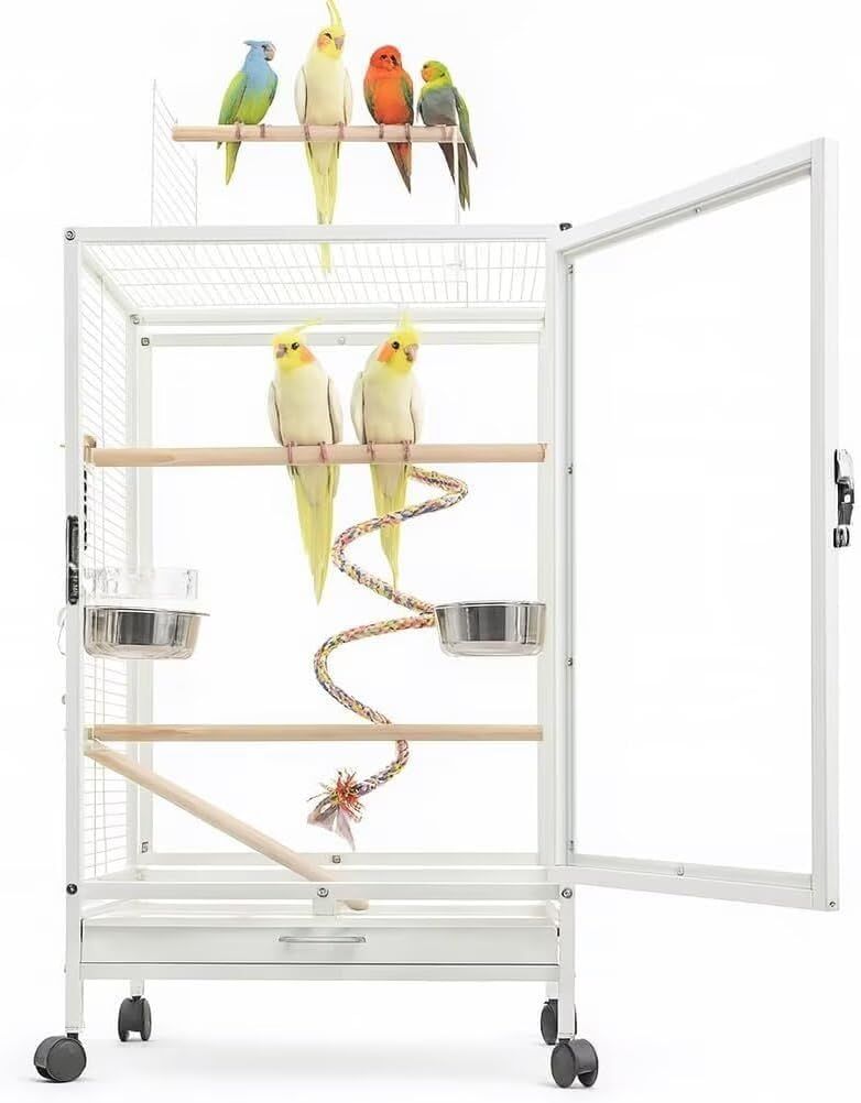 TUIYIDUO 鳥かご 大型 鳥ケージ キャスター付き 透明アクリルドア 引き出しトレー 46×46×77.5cm バードパレス 日本語説明書付き