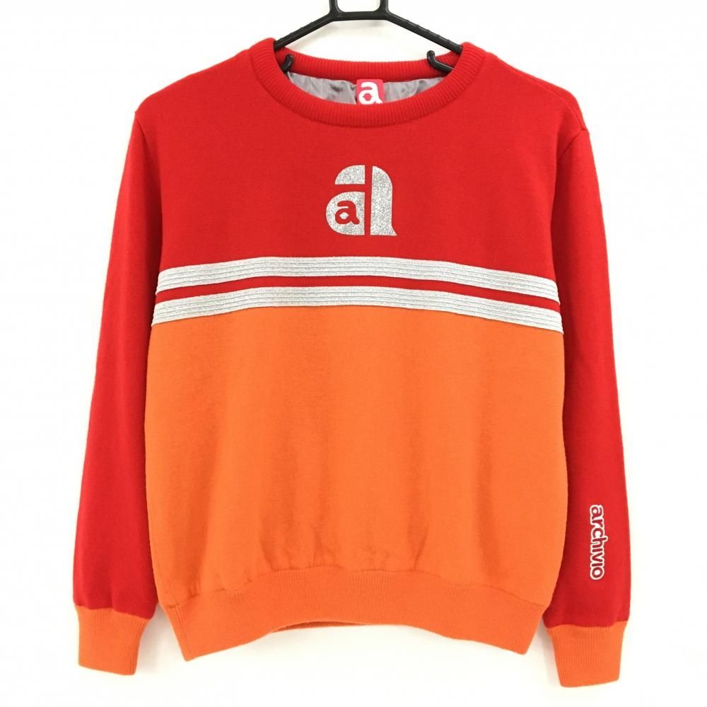 【超美品】アルチビオ セーター レッド×オレンジ ロゴラメ 蓄熱裏地 ウール混 ニット レディース 38(M) ゴルフウェア archivio