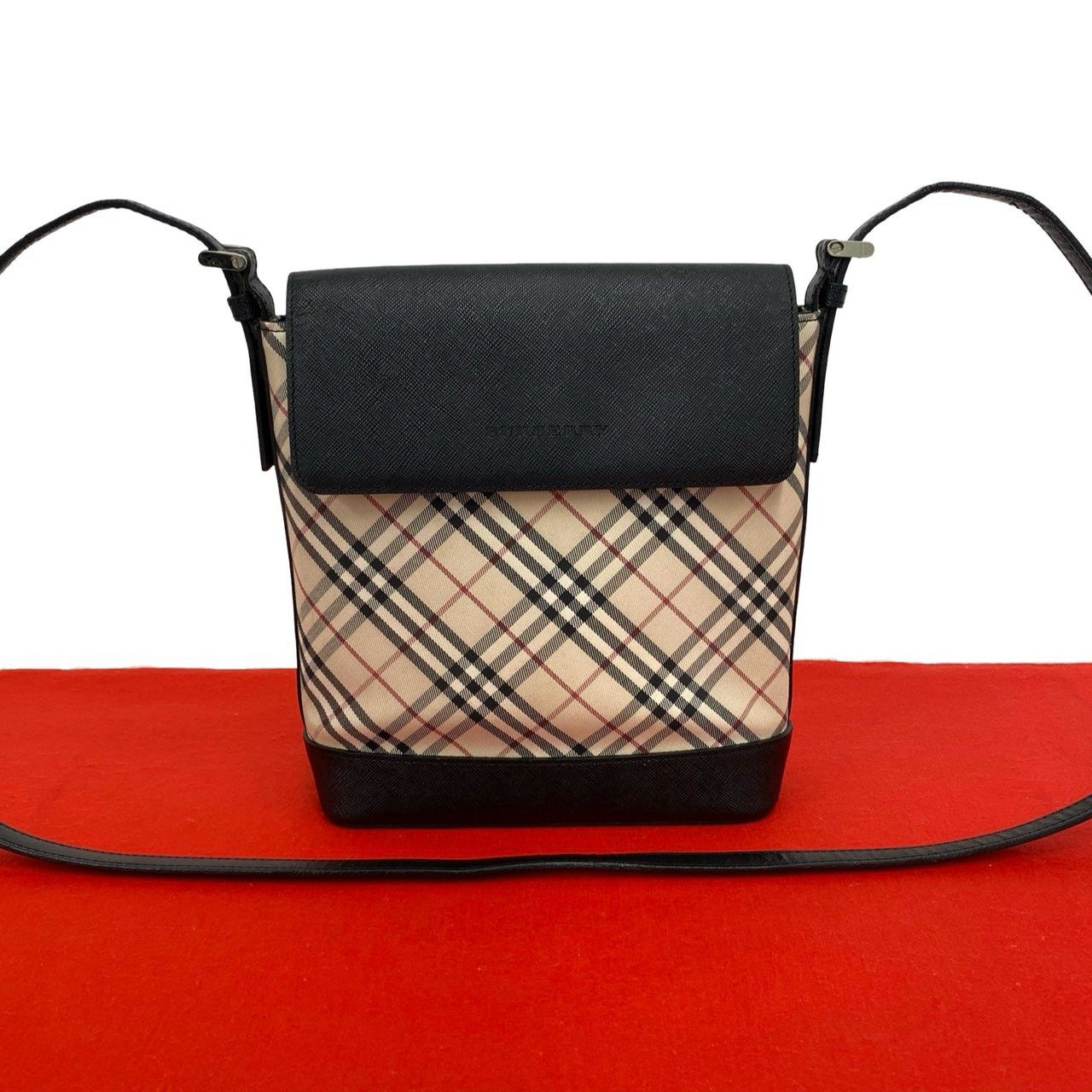 極 美品 BURBERRY バーバリー ノバチェック 柄 キャンバス レザー 本革