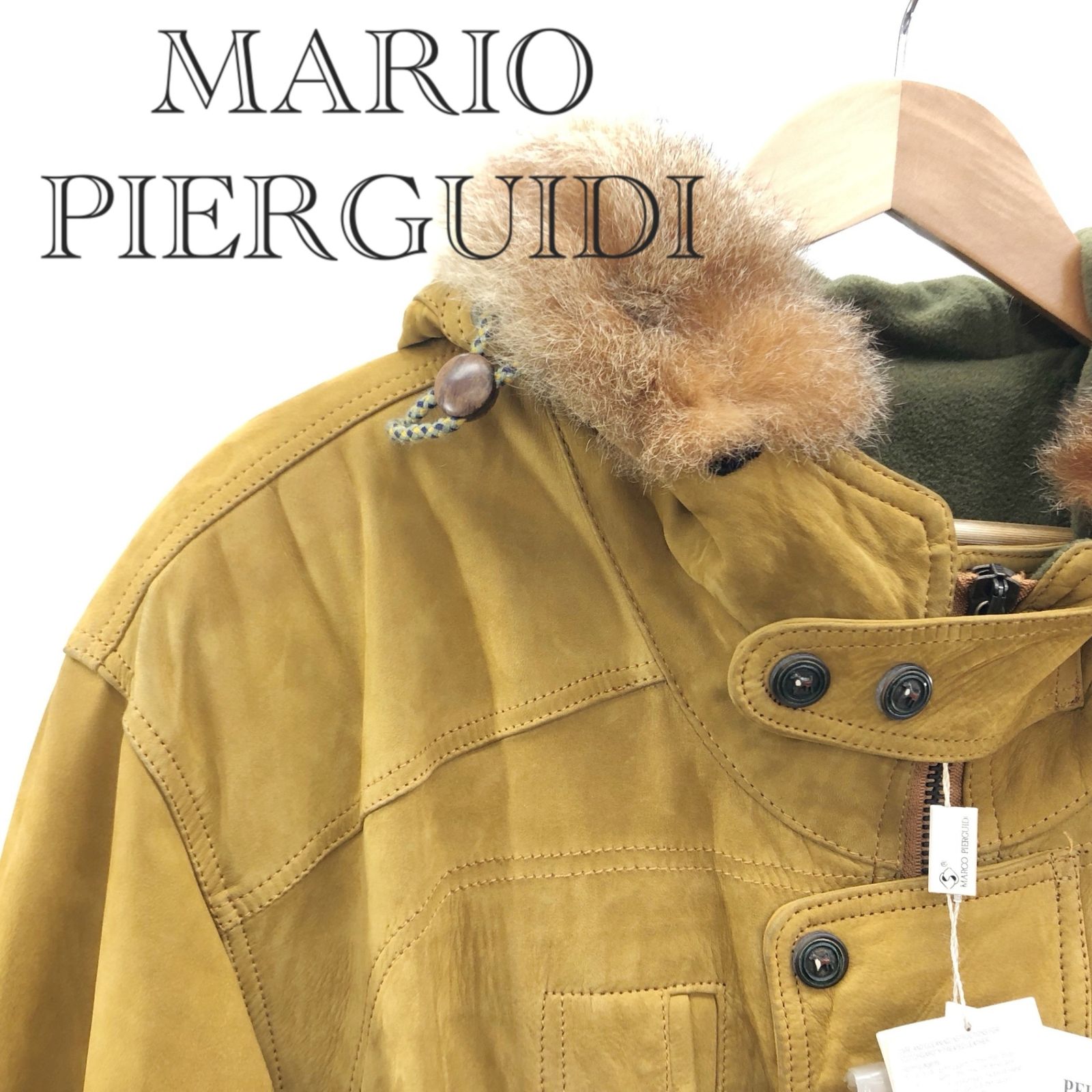 MARCO PIERGUIDI マルコ ピエルグイディ フーディ レザー ヌバック コート サイズ50 キャメル イエロー 黄土色 ファー付 ※名入り _234
