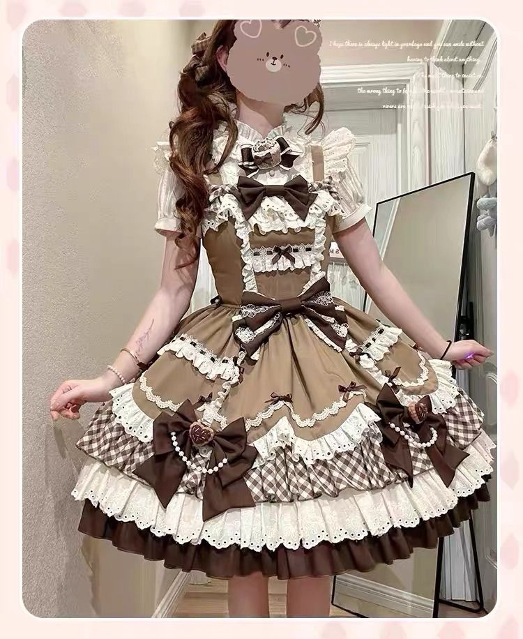 ショコラ? ロリータ ワンピース 3点セット レディース ブラウン 茶色 チョコレート リボン フリル 甘ロリ 姫系 ロリータ服 ゴスロリ 半袖 ドレス 量産型 地雷系 ガーリー コスプレ 衣装 ハロウィン 仮装 撮影 推し活 ライブ イベント