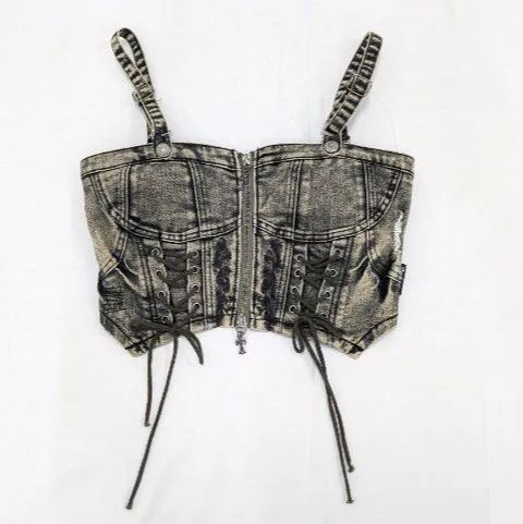 오즈 크로체 배당률 크로스/백 레이스업 셔링 데님 뷔스티에 Y2K 펑크 아카이브 데미지 프로세싱
