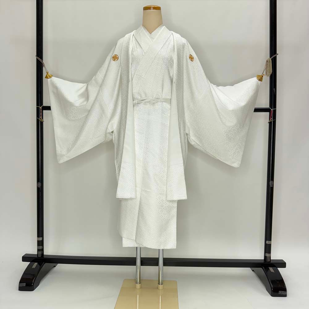 男紋付 2点セット 男着物 紋付 ポリエステル 羽織 長着 裄73.8cm L size 白 五つ紋 中古 成人式 5039