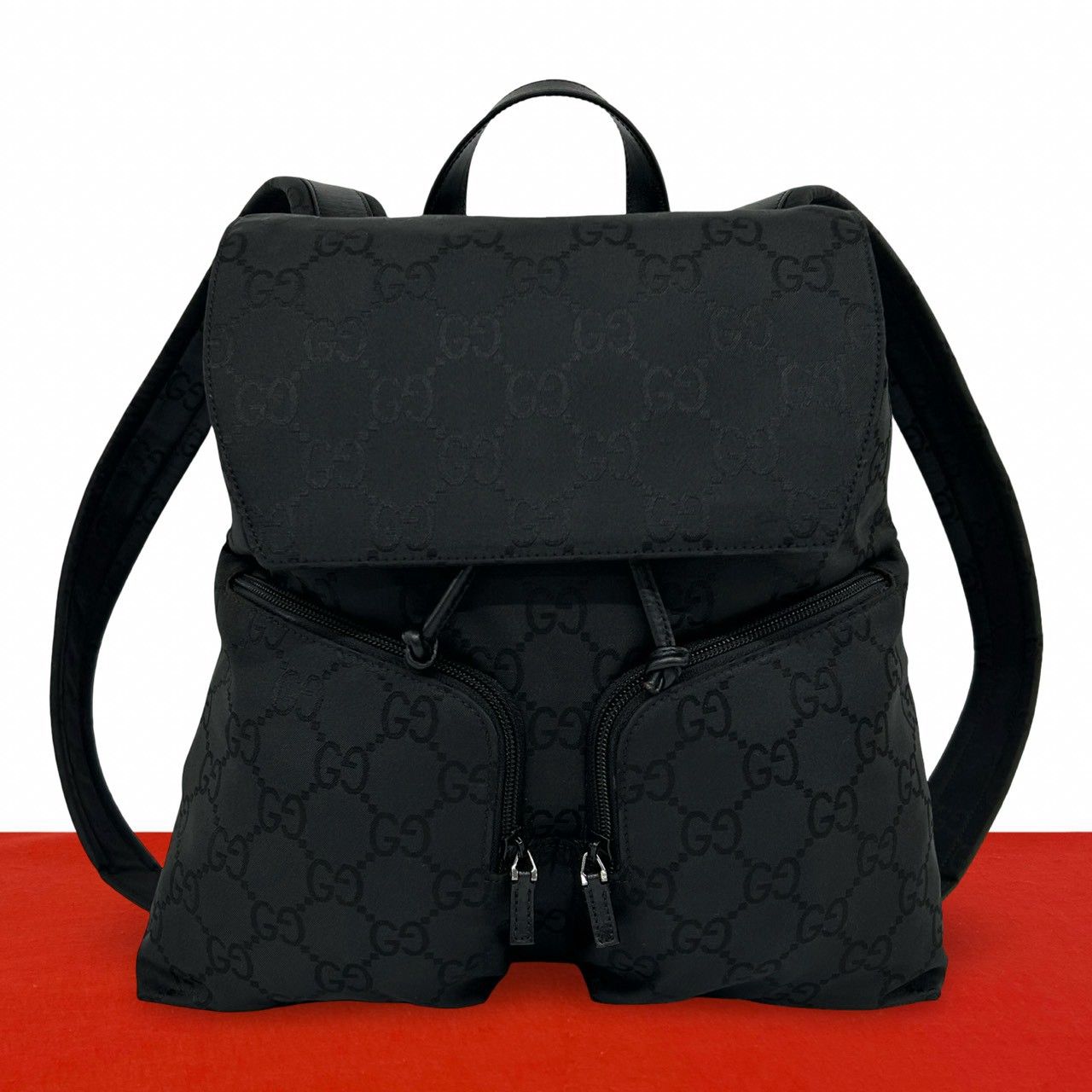 極 美品 GUCCI グッチ GG ロゴ 柄 ナイロン レザー 本革 巾着 リュック 