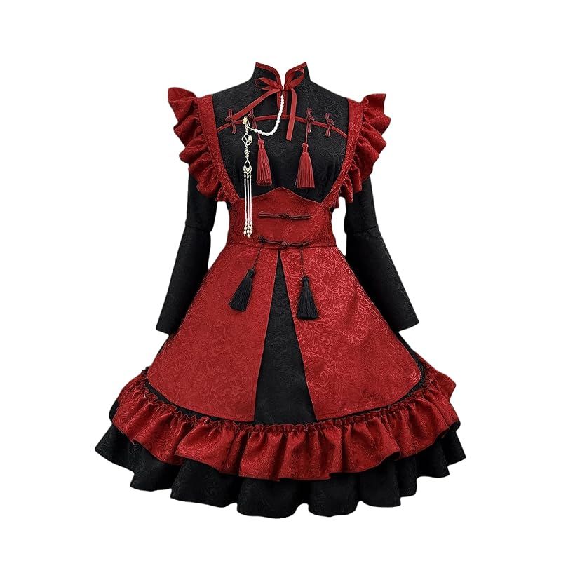 【新品】 [YZZYQQ] メイド服 ロング 赤黒 ワンピース ハロウィン コスプレ衣装 セットコスチューム メイドカフェ仮装 学園祭 制服 ドレス アニメコスプレ アイドル服 maid cosplay cute sexy レッド S