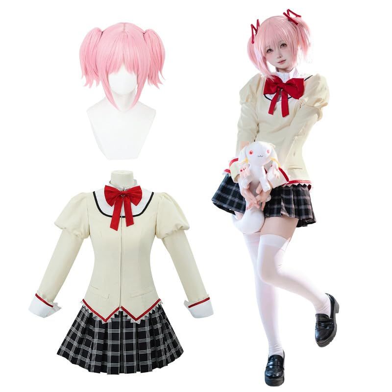 【新品】 [神併良品] 鹿目まどか コスプレ衣装 ウイッグ付き 魔法少女まどか☆マギカ 市立見滝原中学校 制服セット 長袖 同人服 日常着 仮装 ハロウィン クリスマス 文化祭 学園祭 忘年会 cosplay コスチューム 撮影（鹿目まどか 制服 ウイッグ付き