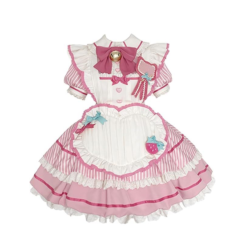 【新品】 [ＸＨＳＵＫＡＤＯ] メイド服 2点セット ワンピース レディース セットアップ ストライプ ロリータ エプロン 服 制服 ゴスロリ ドレス 洋服 フリル リボン メード服 コスプレ 仮装 Lolita アイドル 衣装 女の子 半袖 春 夏 秋 冬
