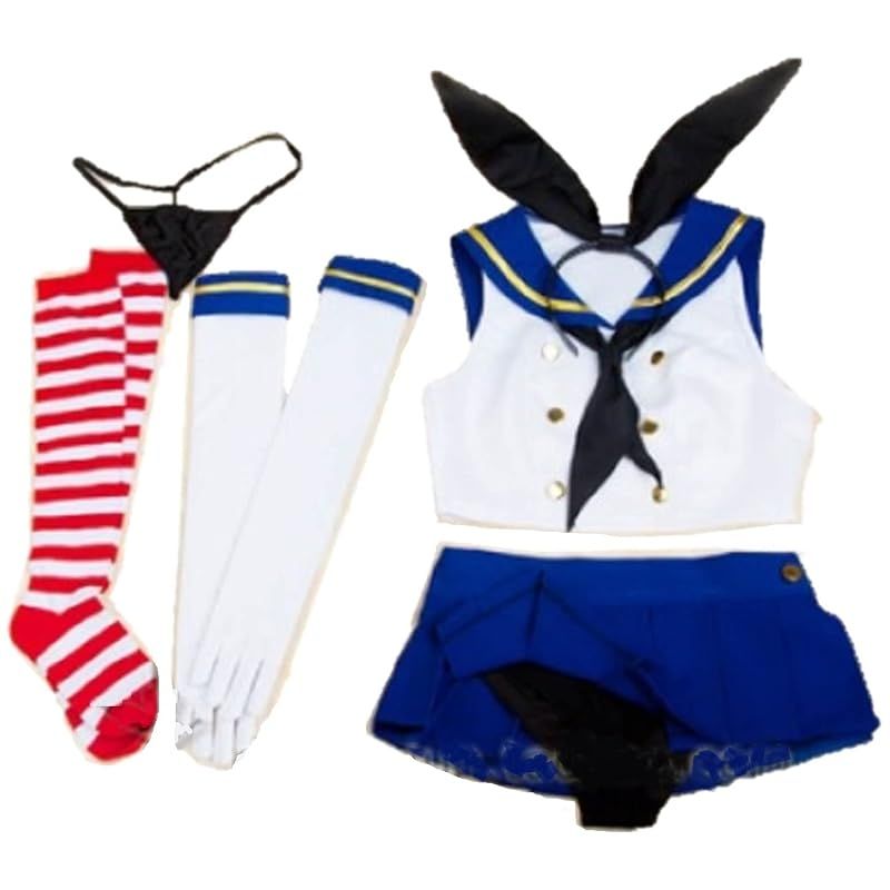 【新品】 [COSMOS_K] 艦隊これくしょん 島風 コスプレ 7点セット セーラー服 + スカート + 紐パンツ + 兎耳カチューシャ + スカーフ + グローブ + ハイソックス (L)