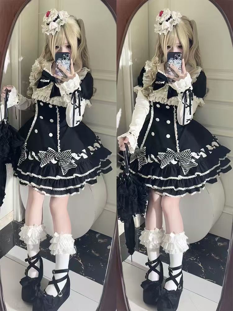 古風スイート Lolita ボウたっぷりフリルケーキスカートセット ハット＆ヘアクリップ付き 8,302円