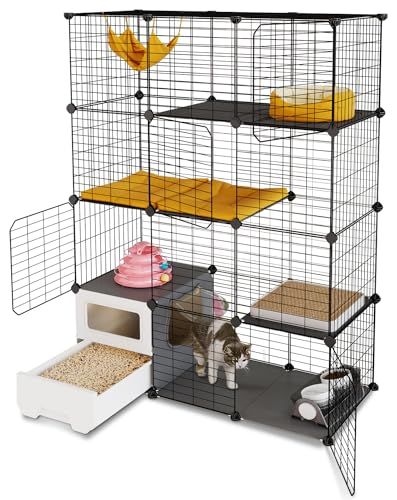 猫 ケージ トイレ付き 3段 トイレ一体型 防臭 飛散軽減 掃除しやすい 高さ143×幅107×奥行き45cm 幅広 組立簡単 ブラック Ju 13d80311 猫 ケージ トイレ付き 3段 トイレ一体型 防臭 飛散軽減 掃除しやすい 高さ143×幅107×奥行き45cm 幅広 組立簡単 ブラック Ju 13d80311