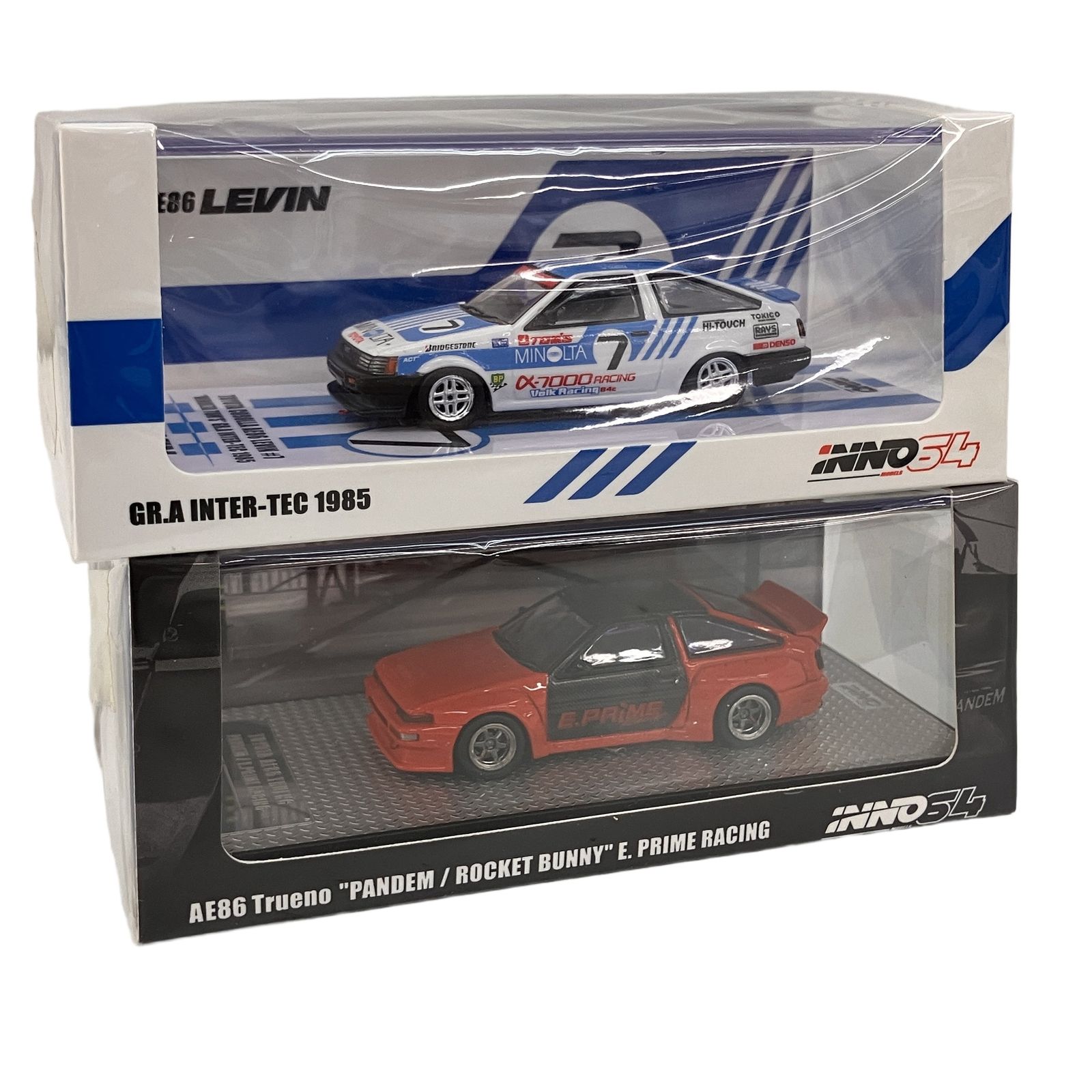 INNO 1/64 AE86 LEVIN #7 MINOLTA TOM S GR.A INTER TEC 1985 & E.prime racing ミニカー 2台セット 未使用 Z11625534