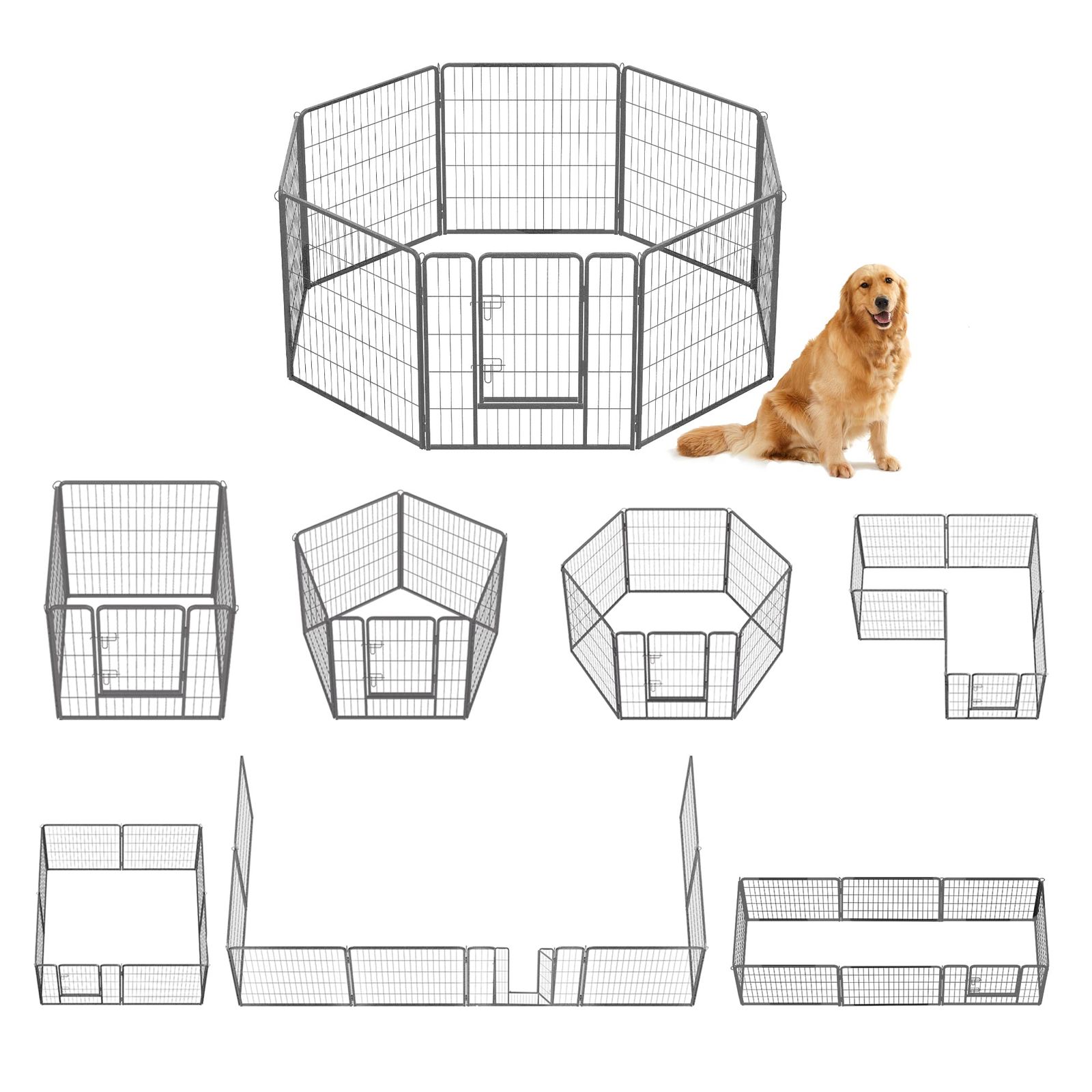 FEANDREA ペットサークル 大型犬用 中型犬用 ペットフェンス 折り畳み式 組立簡単 全成長期使用可 室内外兼用 犬ケージ スチール製 パネル8枚 複数連結可能 犬 サークル PPK88G 高さ80cmmt 01c58eb9