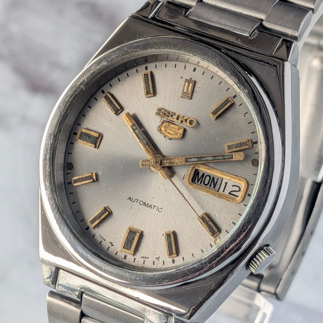 稼働品 SEIKO セイコー5 自動巻き 80s ヴィンテージ シルバー文字盤 サンバースト バーインデックス ステンレス