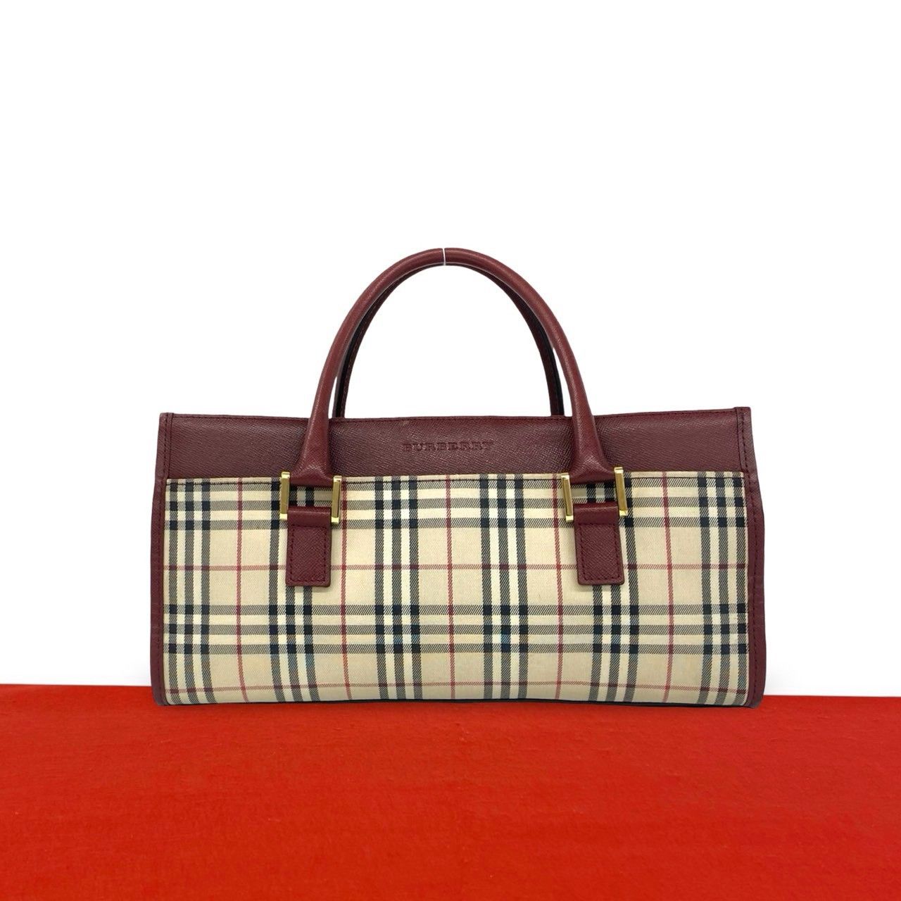 極 美品 BURBERRY バーバリー ノバチェック 柄 キャンバス レザー 本革 