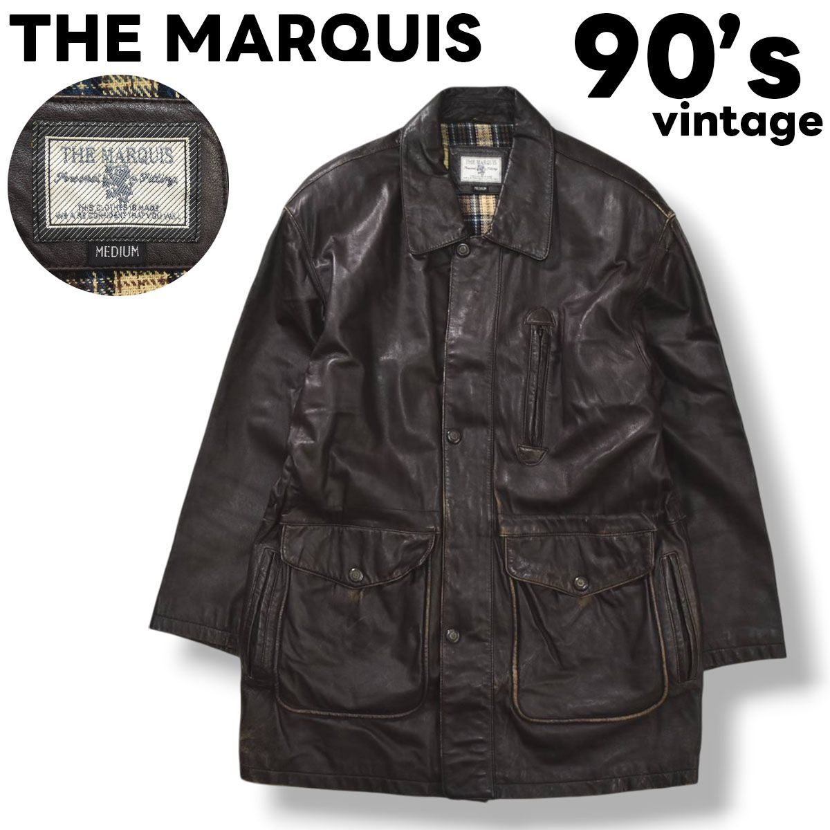 【本革】 90s ヴィンテージ ザ マーキス THE MARQUIS 羊革 ラム レザー ハーフ コート カーコート ジャケット 総裏地 革ジャン ジャンパー M ブラウン x チェック柄 メンズ