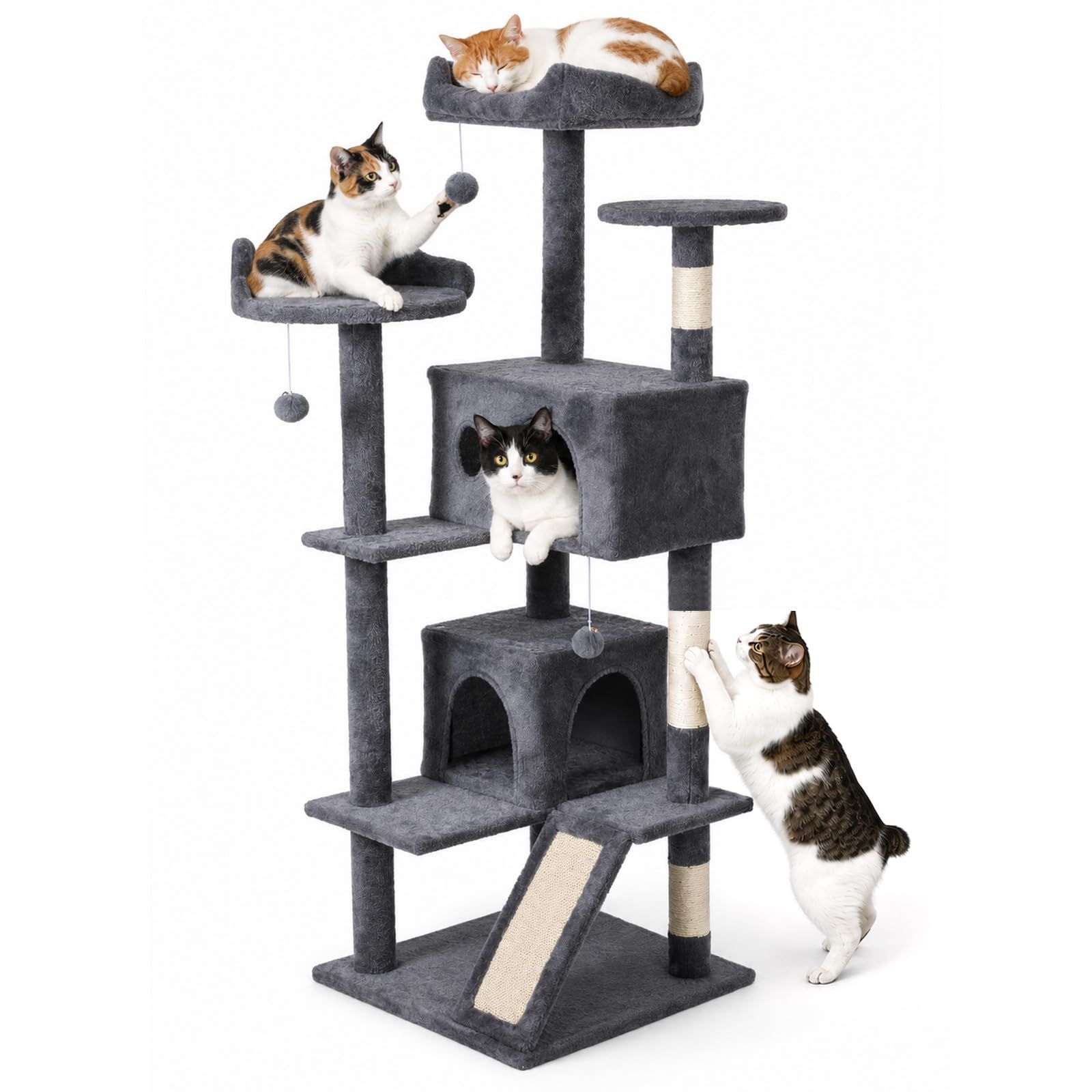 ☆新品☆Saiveina キャットタワー 猫タワー 大型多頭飼い 据え置き スリム設計 人気 安定感 見晴台ねこハウス ボンボン 天然麻紐 爪とぎ 隠れ家 運動不足解消 高さ154cm グレー 6110168b 7,570円