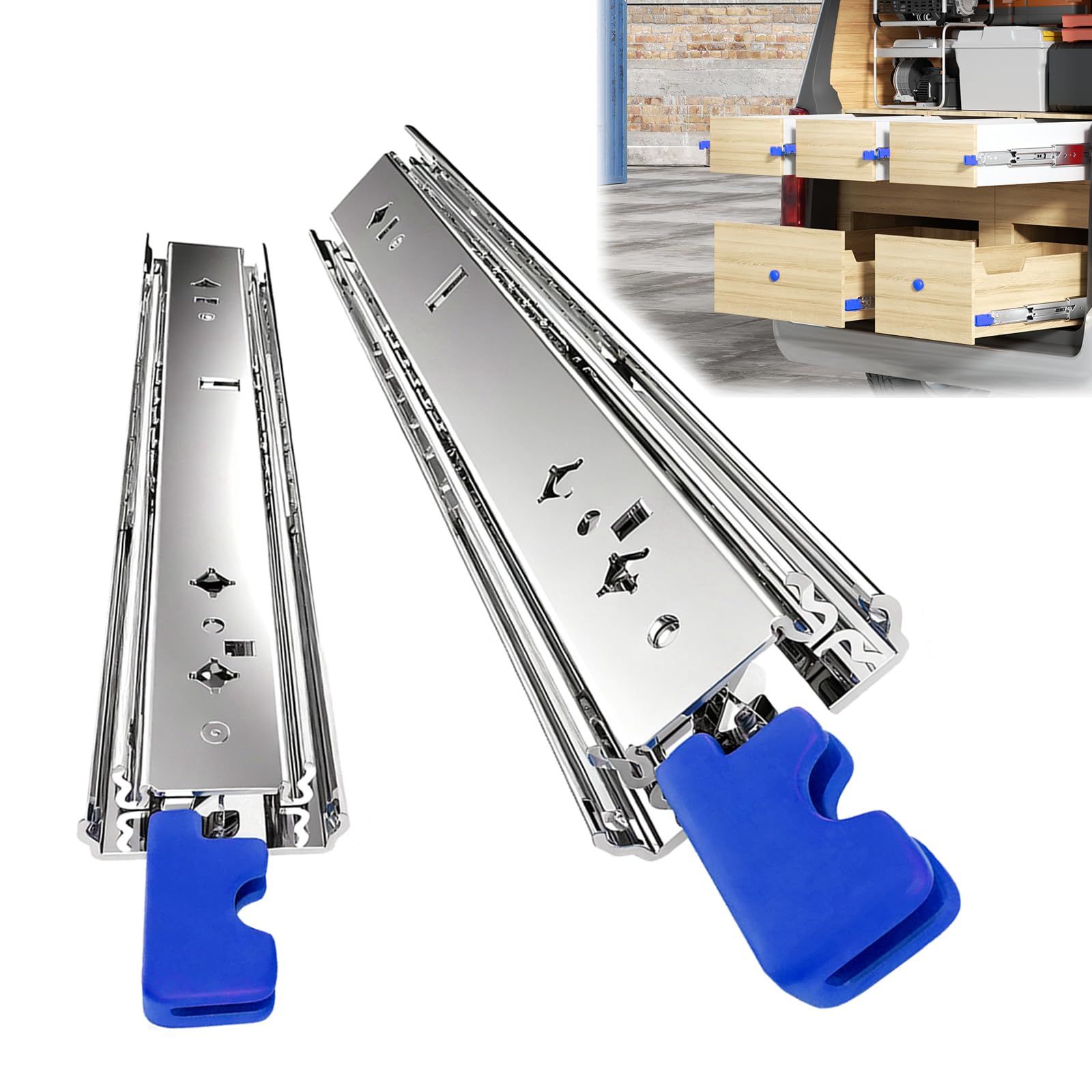 ★新品★【作業車の収納棚改造】スライドレール 工業用スライド 超重量ロック付き 幅76 1200mm 3段引き ローラータイプ 最大耐荷300kg ステンレス 屋外仕様 車、荷台、棚改造用 左右1セット (幅76-1200mm)