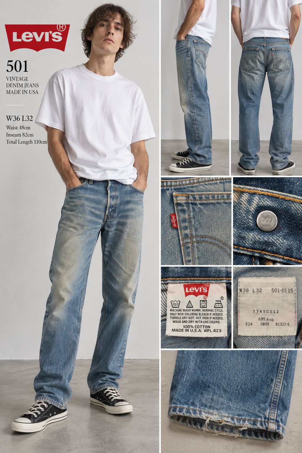 Vintage 90s Levi’s 501 Made in USA W36 L32 Faded Distressed Blue Denim Jeans
